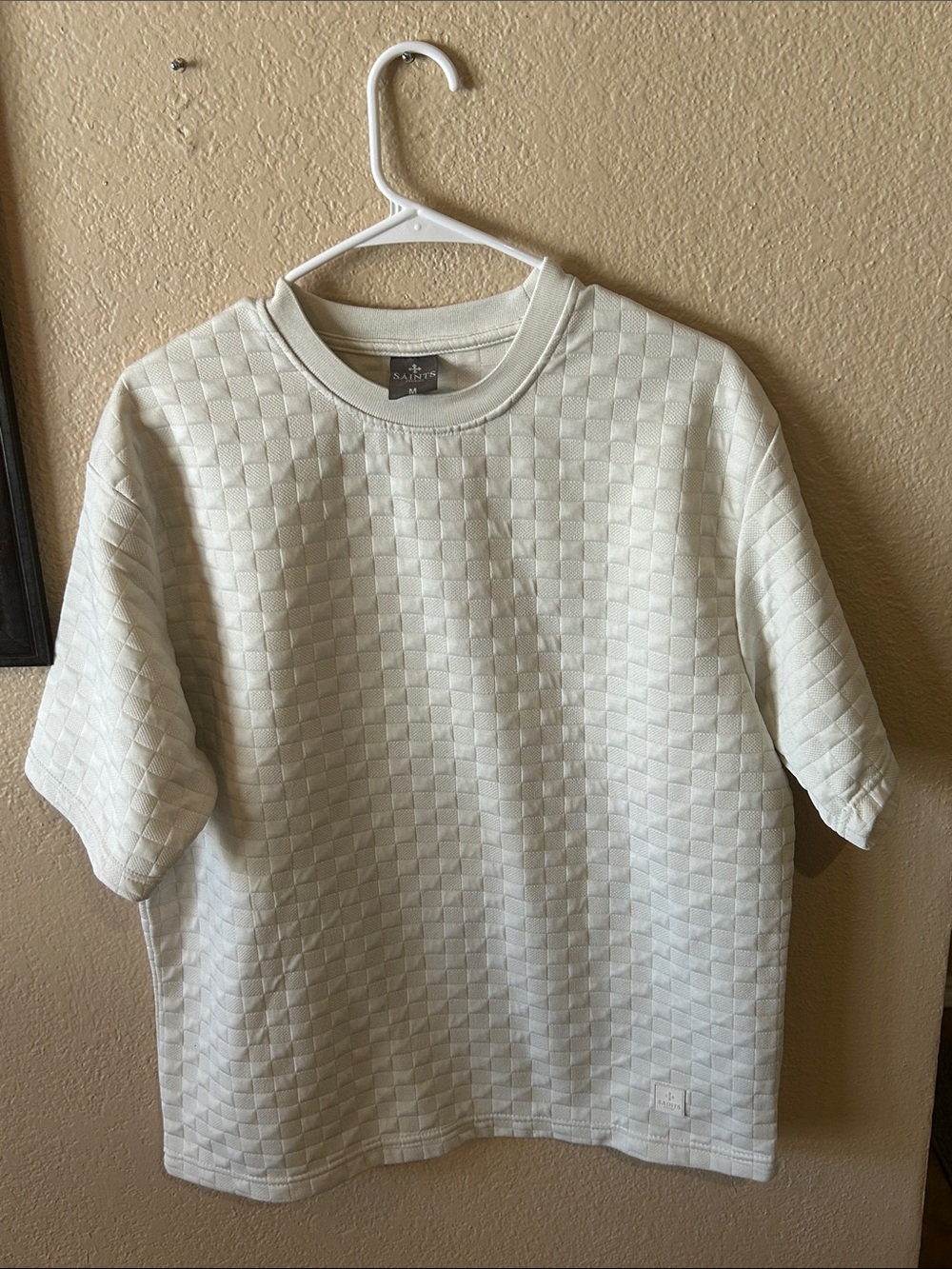 Saints Studio White Textured Checkerboard Oversized Tee Sweatshirt Top